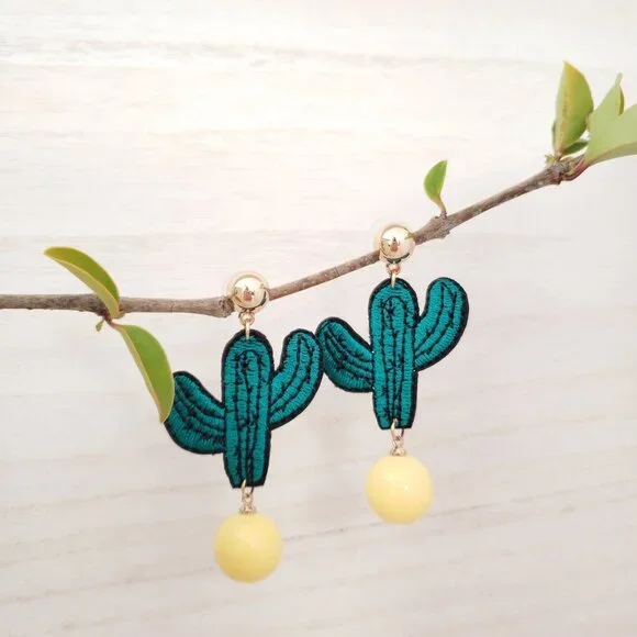 Cactus Green Dangle Earrings Womens Fashion Gold Yellow Pearl Jewelry - Picture 2 of 4